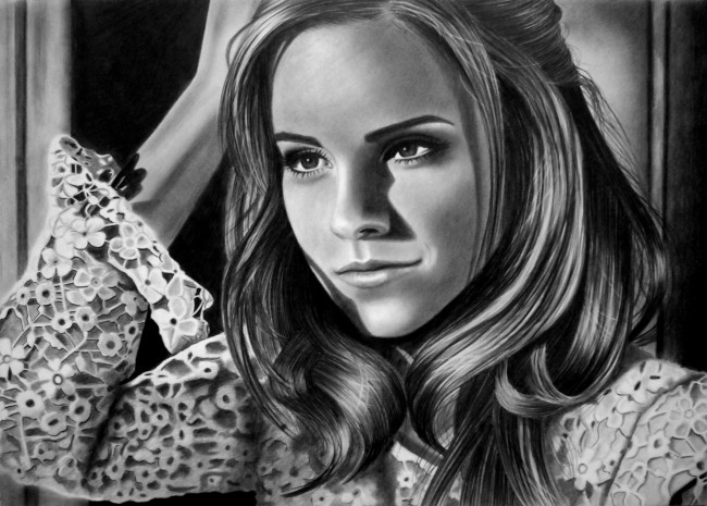 Обои картинки фото emma watson, рисованное, люди, взгляд, фон, девушка