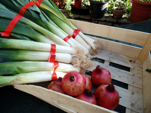 Обои картинки фото еда, фрукты и овощи вместе, лук, порей, гранат