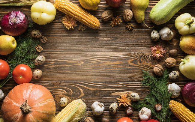 Обои картинки фото еда, фрукты и овощи вместе, чеснок, груша, кукуруза