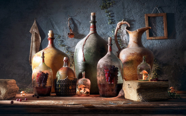 Обои картинки фото еда, натюрморт, грибы, виноград, бутыли, кувшины