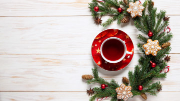 Картинка праздничные -+разное+ новый+год ветка еловая шарики шишки пряники кофе