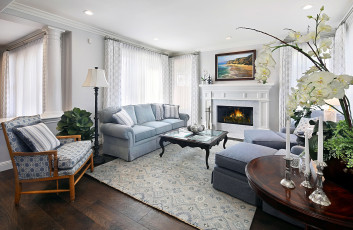 обоя интерьер, гостиная, камин, мягкий, уголок, орхидеи