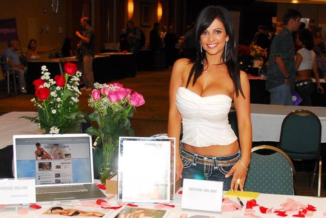 Обои картинки фото девушки, denise milani, брюнетка, топ, джинсы, столы, люди