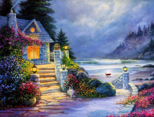 обоя рисованное, thomas kinkade, дом, дым, деревья, цветы, горы, море, дорожка