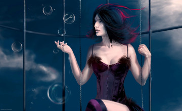 обоя фэнтези, девушки, девушка, наряд, качели, цепи, клетка, пузыри, ключ