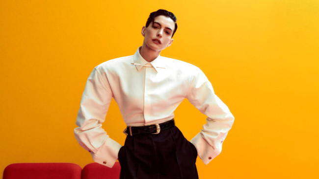 Обои картинки фото девушки, anne hathaway, актриса, шатенка, блузка, плечи, брюки