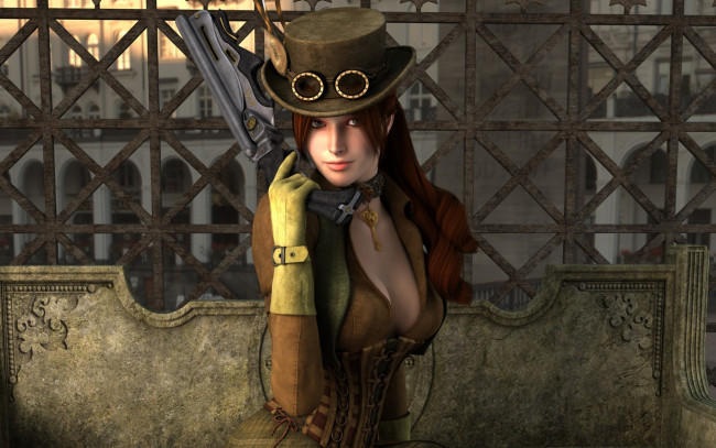 Обои картинки фото 3д, графика, fantasy, фантазия, девушка, оружие, пистолет