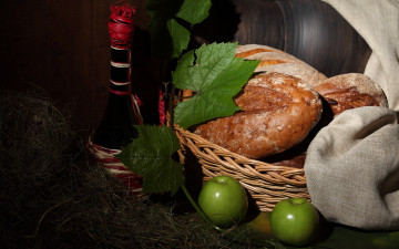 Картинка еда натюрморт хлеб бутылка вино яблоки