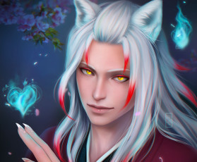 Картинка фэнтези существа когти рука ушки сердце арт магия взгляд парень