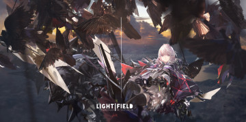 Картинка аниме pixiv+fantasia оружие закат облака небо девушка птицы арт lin fantasia pixiv