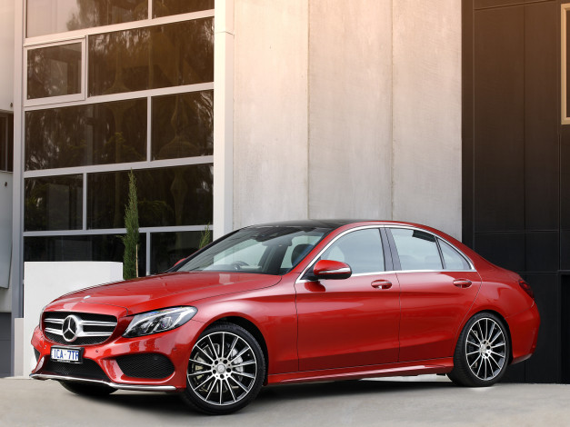 Обои картинки фото автомобили, mercedes-benz, красный, 2014г, c, 250, amg, line, au-spec, w205