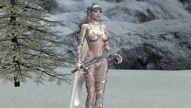 Обои картинки фото 3д графика, эльфы , elves, дерево, горы, снег, меч, фон, взгляд, эльфийки