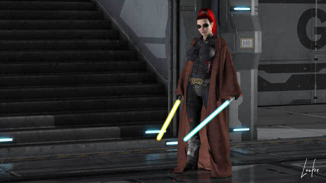 Обои картинки фото 3д графика, фантазия , fantasy, девушка, взгляд, фон, оружие, лестница