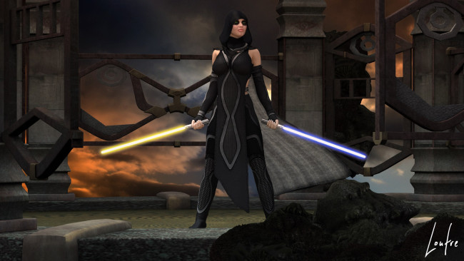 Обои картинки фото 3д графика, фантазия , fantasy, девушка, взгляд, фон, оружие