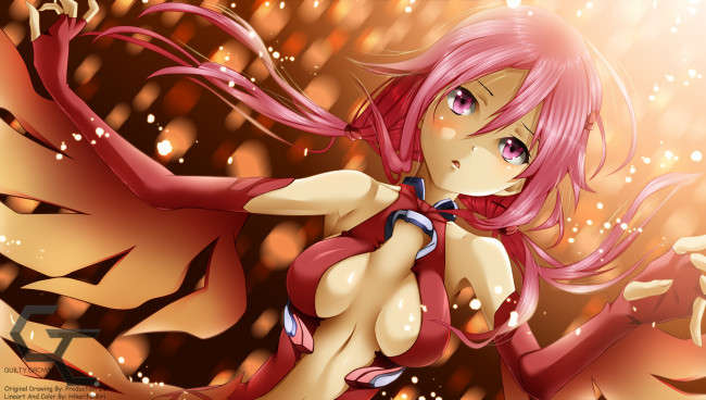 Обои картинки фото аниме, guilty crown, заколка, девушка, hikarinogiri, yuzuriha, inori, искры, платье