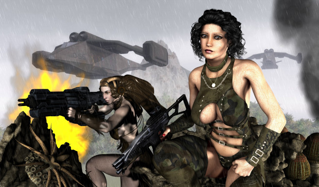 Обои картинки фото 3д графика, фантазия , fantasy, оружие, фон, взгляд, девушки