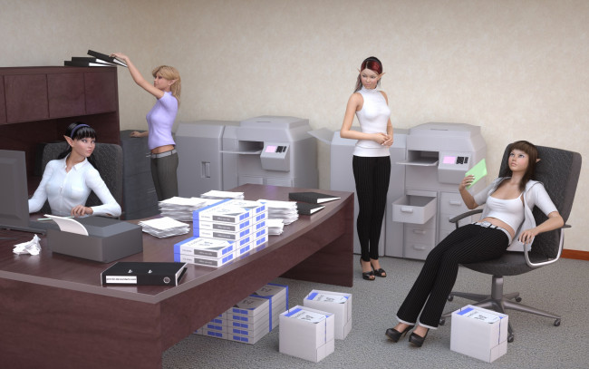 Обои картинки фото 3д графика, эльфы , elves, офис, столы, эльфийки, стол, взгляд, девушки, книги