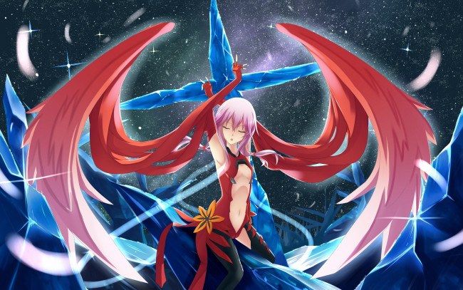 Обои картинки фото аниме, guilty crown, платье, девушка, заколка, крест, ночь, крылья, перья, makadamia, лед, звезды, yuzuriha, inori, цветок