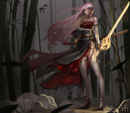 Обои картинки фото аниме, оружие,  техника,  технологии, взгляд, лес, фон, девушка