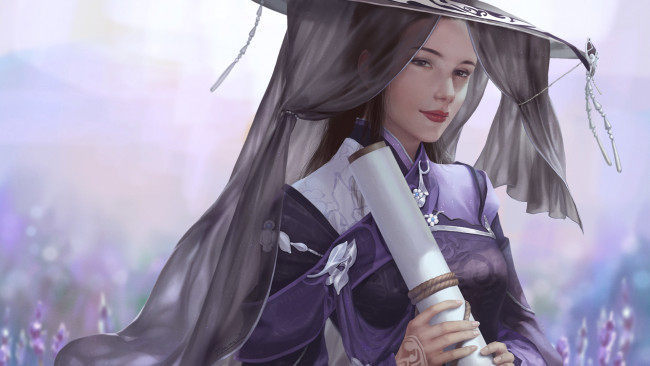 Обои картинки фото фэнтези, девушки, art, свиток, шляпа, улыбка, девушка, dtjun