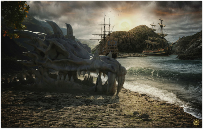 Обои картинки фото фэнтези, фотоарт, парусник, череп