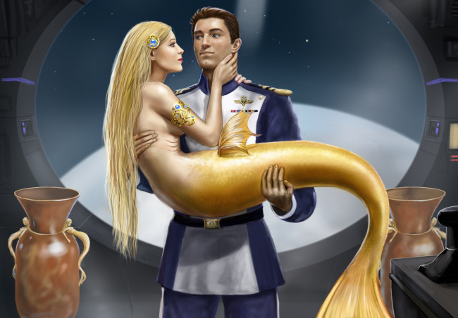 Обои картинки фото фэнтези, русалки, фантастика, арт, русалка, профиль, взгляд, мужчина