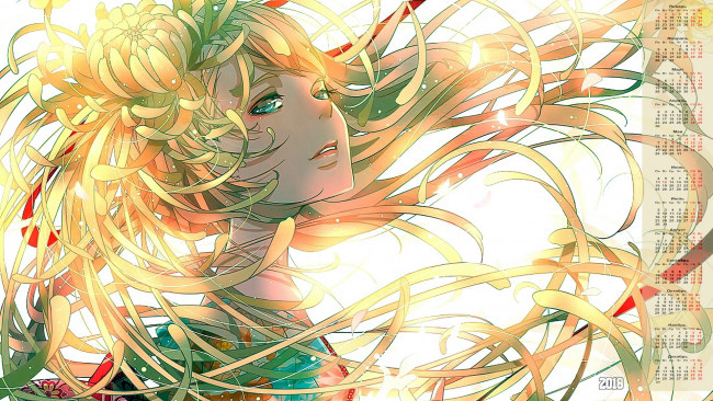 Обои картинки фото календари, аниме, лицо, взгляд, девушка, 2018