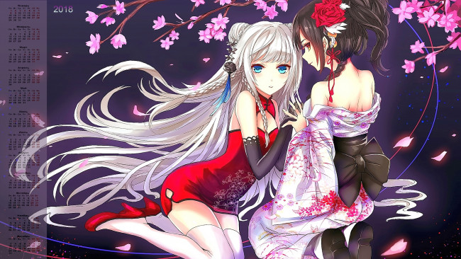 Обои картинки фото календари, аниме, нежность, двое, взгляд, 2018, девушка