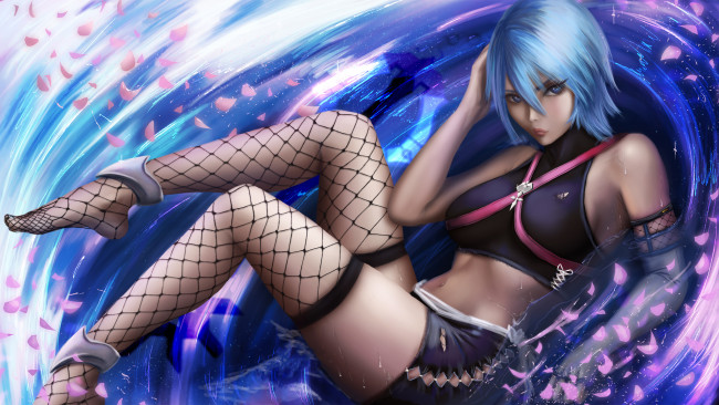 Обои картинки фото аниме, unknown,  другое , вода, взгляд, фон, девушка