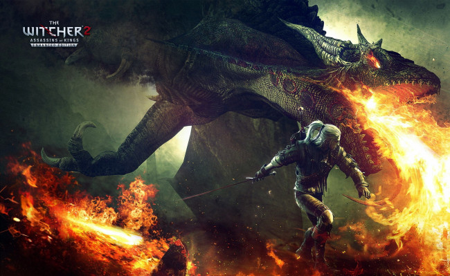 Обои картинки фото видео игры, the witcher 2,  assassins of kings, геральт, ведьмак, дракон, бой, огонь