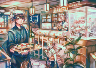 Картинка аниме город +улицы +интерьер +здания парни