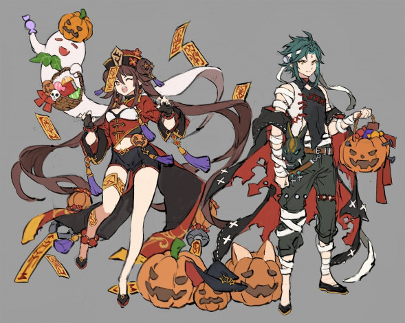 Обои картинки фото аниме, genshin impact, персонажи, тыквы, хэллоуин