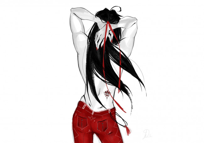 Обои картинки фото аниме, mo dao zu shi, вэй, усянь, лента, тату, джинсы