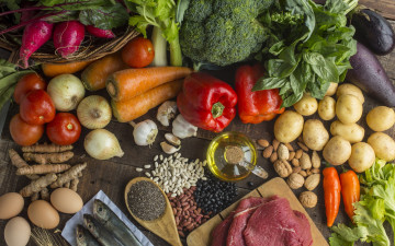 Картинка еда разное мясо рыба овощи яйца фасоль