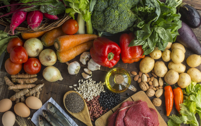 Обои картинки фото еда, разное, мясо, рыба, овощи, яйца, фасоль