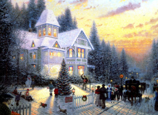 обоя рисованное, thomas kinkade, дом, люди, карета, праздник