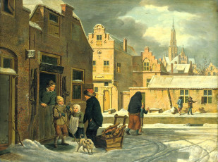 обоя рисованное, живопись, люди, дома, город, снег, зима, собака