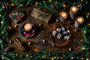 Картинка 3д+графика праздники+ holidays ветки еловые подарки свечи кофе