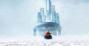 обоя фэнтези, иные миры,  иные времена, город, небоскребы, остров, море, льды, ледокол, вертолет