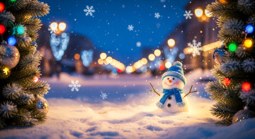 Картинка праздничные снеговики ёлки снег снежинки зима украшения снеговик