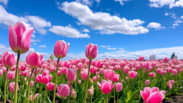 обоя 3д графика, цветы , flowers, поле, розовые, тюльпаны, бутоны, небо