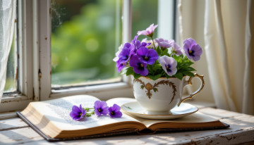 обоя 3д графика, цветы , flowers, окно, подоконник, книга, чашка, букет, анютины, глазки