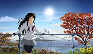 обоя аниме, k-on, девушка, куртка, ограда, природа, деревья, гора, озеро