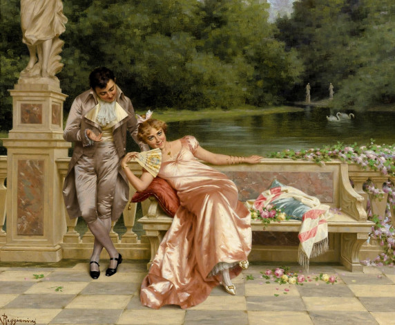 Обои картинки фото рисованное, vittorio reggianini, дама, кавалер, цветы, статуя, скамейка, парк, река