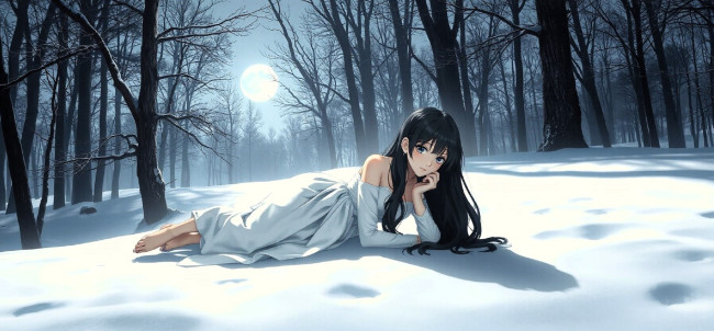 Обои картинки фото аниме, зима,  новый год,  рождество, девушка, платье, снег, лес, деревья, луна