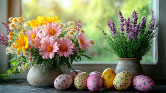 Обои картинки фото 3д графика, праздники , holidays, пасха, букеты, яйца, крашенки