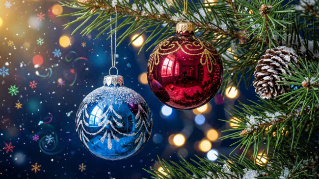 Обои картинки фото праздничные, украшения, ёлка, ветки, шарики, шишка, снежинки