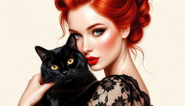 Обои картинки фото девушка, рисованное, люди, секси, брюнетка, позирует, с, кошкой