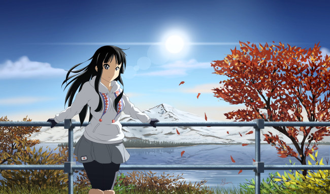 Обои картинки фото аниме, k-on, девушка, куртка, ограда, природа, деревья, гора, озеро