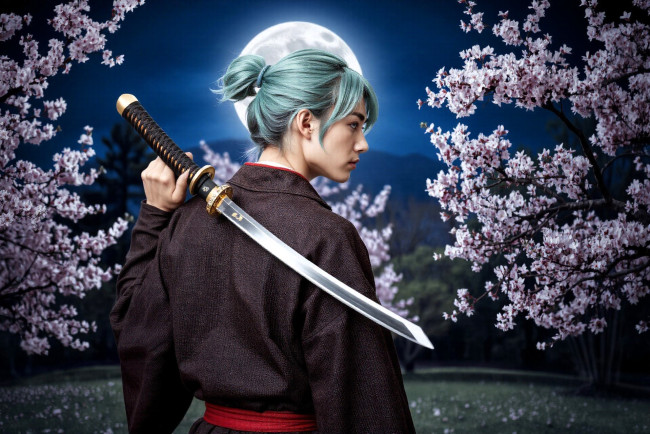 Обои картинки фото 3д графика, люди , people, парень, наряд, оружие, меч, сад, цветение, луна